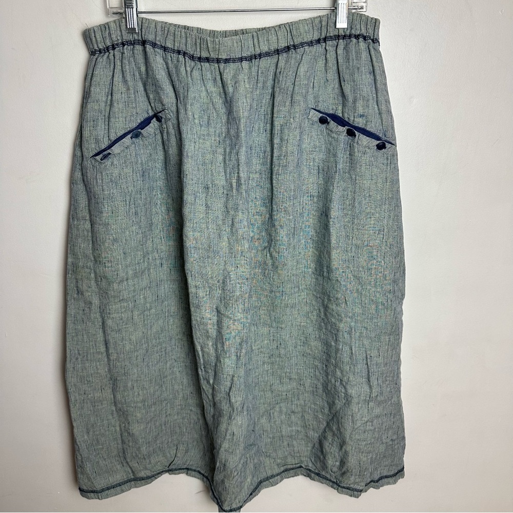 FLAX 100% Linen Green Maxi Skirt Women's 1X Elastic Waist Lightweight Lagenlook